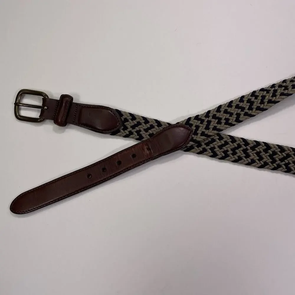 LL Bean Braided Cord Belt Men’s 36 Brown Leather Brass Buckle Cream